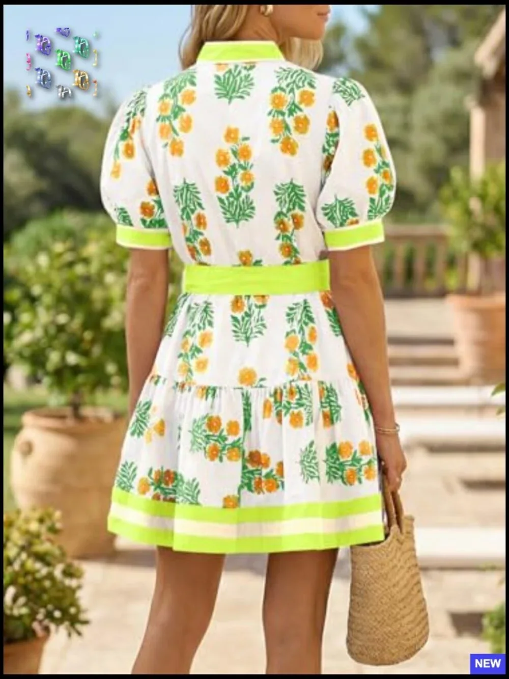Floral Mini Dress Puff Sleeve V Neck Button Down Boho Casual Loose Fit - Picture 3 of 7